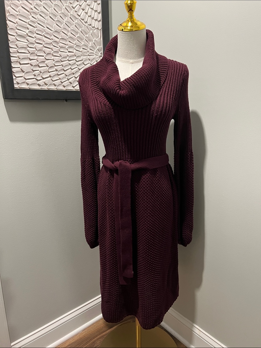 Moda International Burgundy Cowl Neck Belted Sweater Dress
